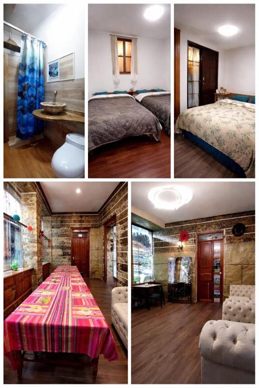 a collage of four pictures of a bedroom with a table at HOTEL CASA RUSTICA Jr CALLAO 264 HUAMANGA AYACUCHO in Ayacucho