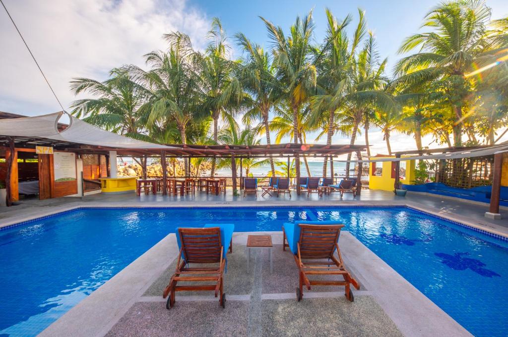 a swimming pool with two chairs and palm trees at Hotel Meson de Mita in Punta Mita