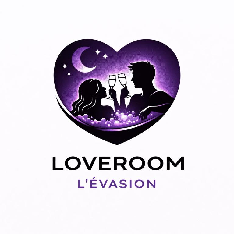 ein herzförmiges Logo mit einem Mann und einer Frau, die Weingläser halten in der Unterkunft Love room l'Evasion in Esprels