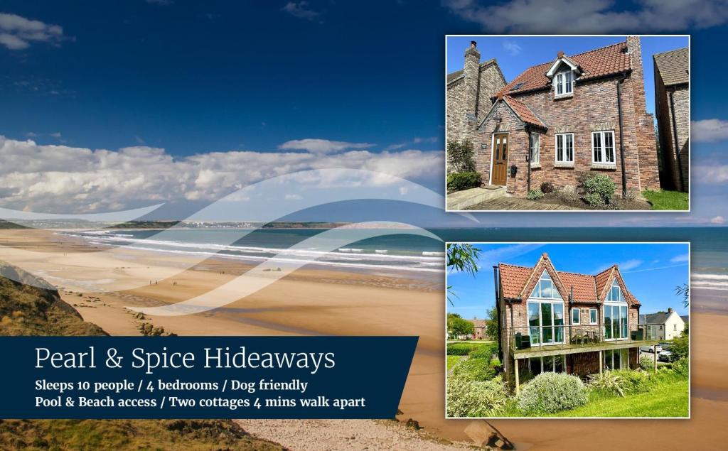a collage of pictures of a house on the beach at Pearl & Spice Hideaways - 2 two bedroom cottages nearby - Part of the The Bay Filey Holiday Village with pool, gym and direct beach access, pub, restaurant, tennis and meadows walks in Reighton