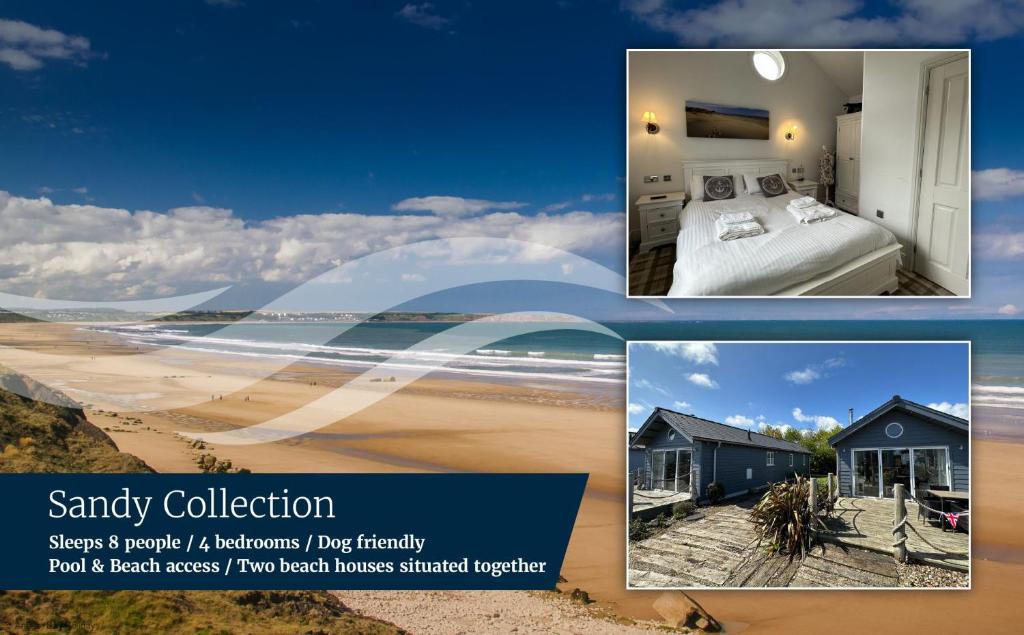 a collage of pictures of a bedroom and a beach at Sandy Collection - 2 next door beach houses - Part of the The Bay Filey Holiday Village with pool, gym and direct beach access, pub, restaurant, tennis and meadows walks in Filey