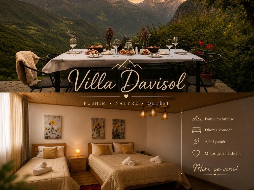 a sign for a restaurant with two beds and a table at Villa Davisol in Theth