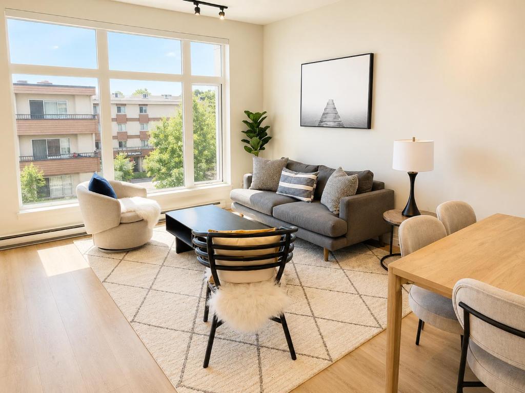 a living room with a couch and a table at Lovely Brand New Suite in Sidney
