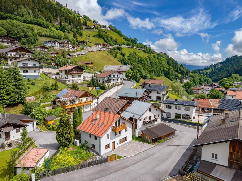an aerial view of a village in the mountains at Chalet Bergglück in Sellrain