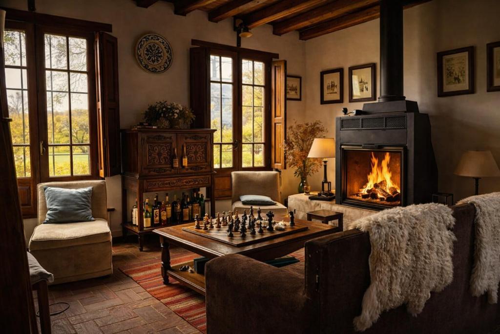 a living room with a chess board and a fireplace at Refugio Serrano con Chimenea y Caballos in San Javier