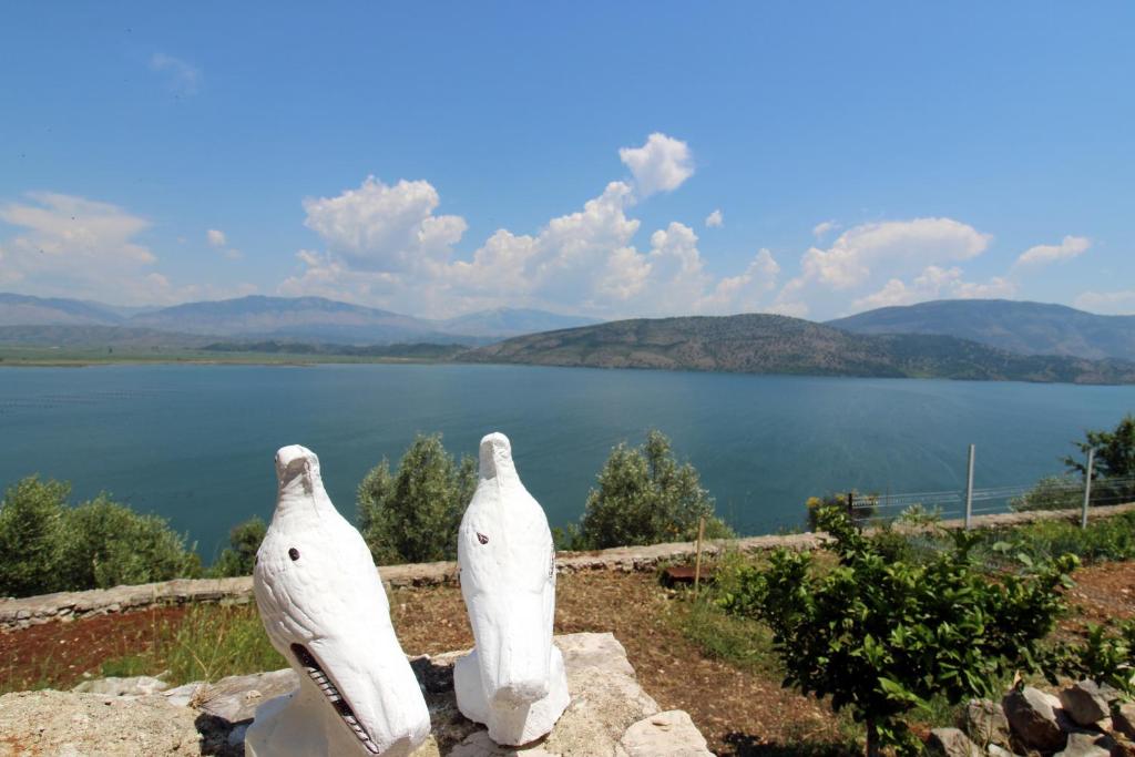 two white statues sitting on top of a wall with a lake at Lakeview Villa Nardi in Ksamil