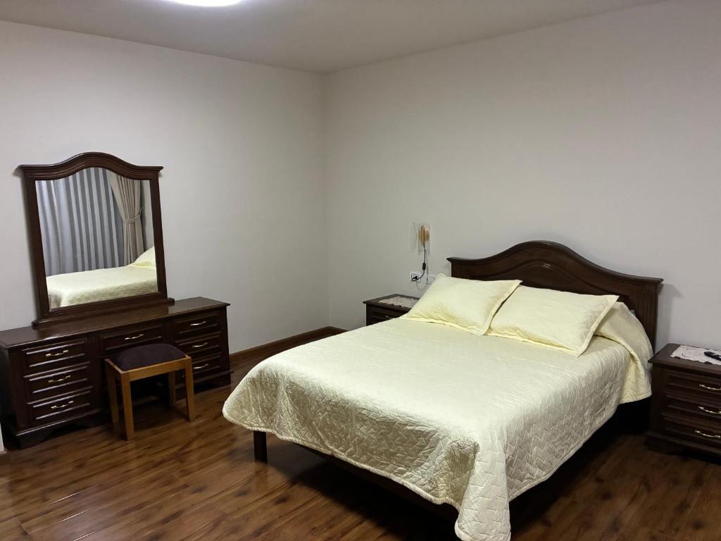 a bedroom with a bed and a large mirror at House Mei in Oruro