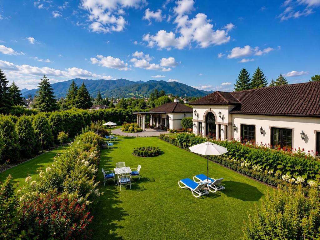 a house with a yard with chairs and an umbrella at Royal Cocoon - Nuwara Eliya in Nuwara Eliya
