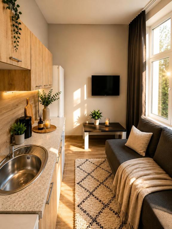 a kitchen with a sink and a living room with a couch at MieszkaStreet kawalerka in Gniezno