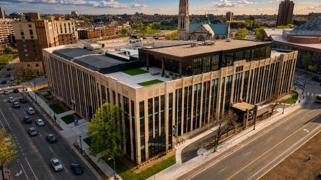 an overhead view of a large building with a street at Roami at Century Plaza in Minneapolis