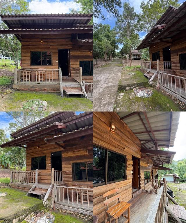 a collage of photos of a log cabin at Paihappy village in Ban Thung Pong
