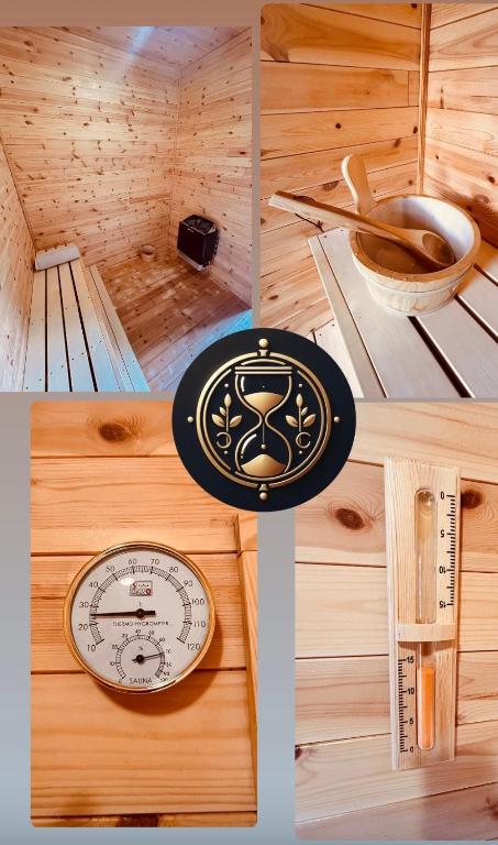 a collage of four pictures of a room with a clock at L'Or du Temps in Saint-Philippe