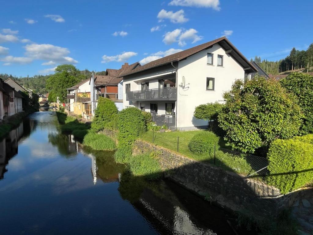 a house on a river in a town at Ferienhaus 1 An der Rodach in Steinwiesen