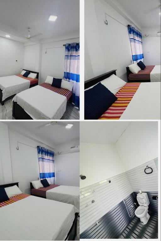 four different views of a bedroom with two beds at Sajee Residence Trincomalee in Trincomalee