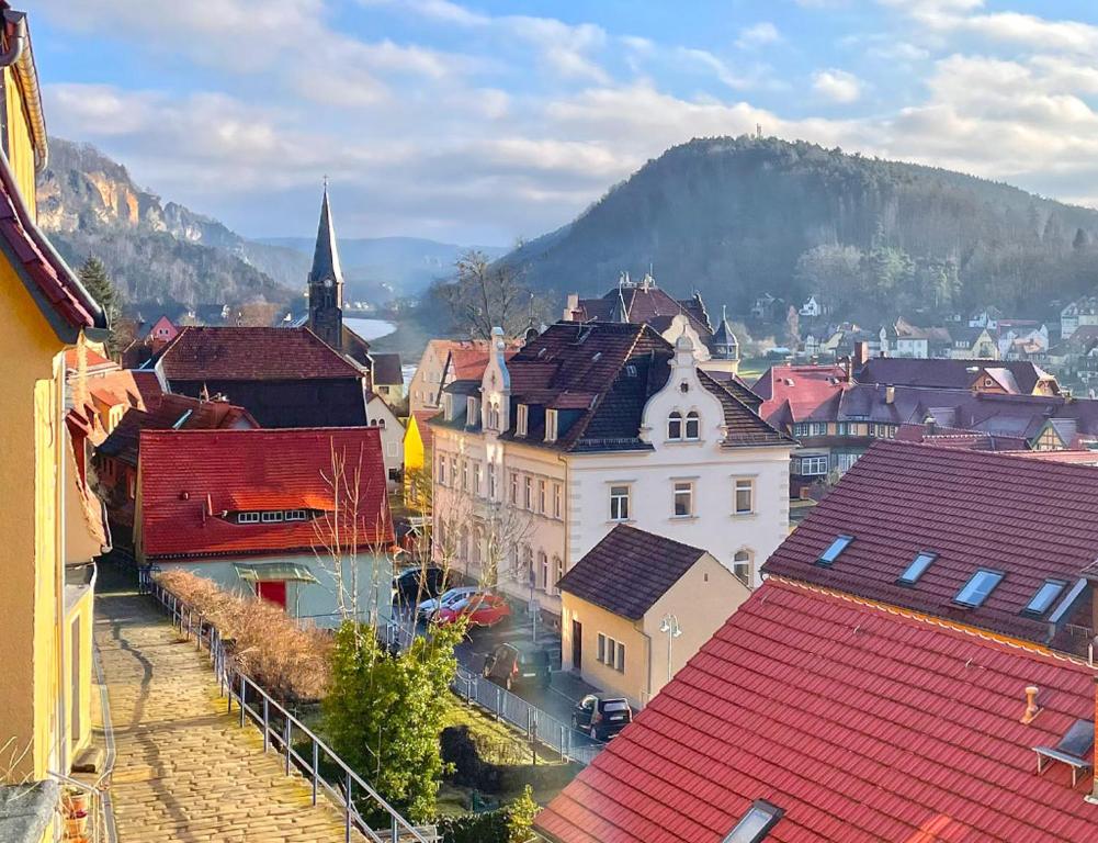 an aerial view of a city with buildings and a church at Haus Felsenpost in Stadt Wehlen
