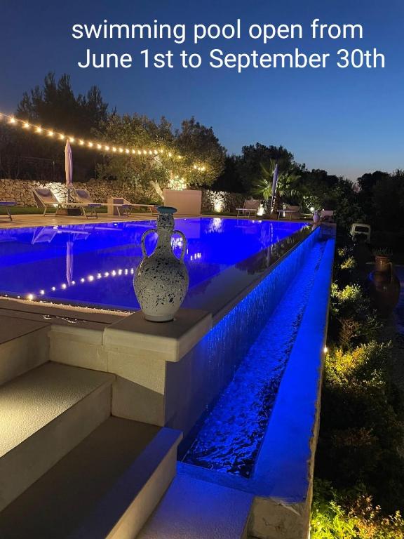 a vase sitting on the edge of a swimming pool at night at Bed & Breakfast dei Colli in Ostuni