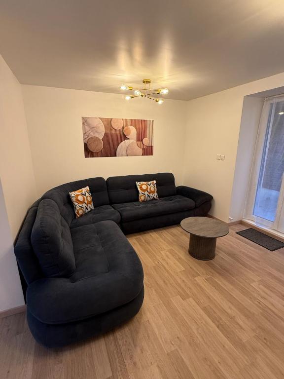 a living room with a black couch and a table at Gîte Région des Lacs - SPA et Sauna Privatif in Orgelet