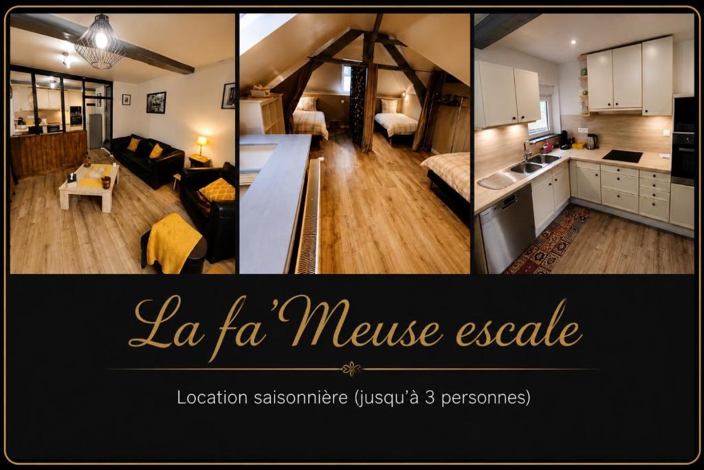 a collage of pictures of a living room and a kitchen at La fa'Meuse escale in Vireux-Wallerand