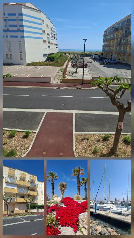 a collage of photos of a street and a building at Appartement vu mer in Le Barcarès