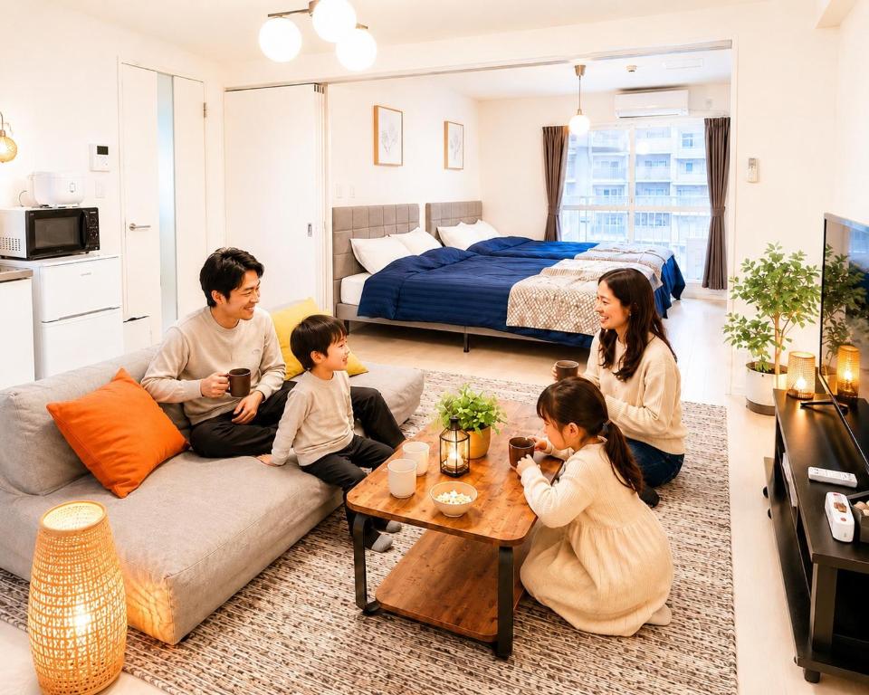 a family sitting in a living room at v大通401 札幌駅近 大通公園市電駅前 北海道観光旅行 家族にもお勧め すすきのへも直通 スーペリアルーム最大7名 11歳まで子供無料チェックアウト11時 in Sapporo