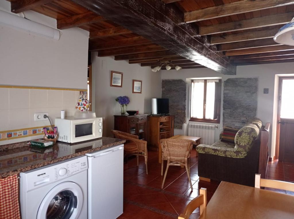 a kitchen with a washing machine in a kitchen with a microwave at Romallande in Cabrafigal
