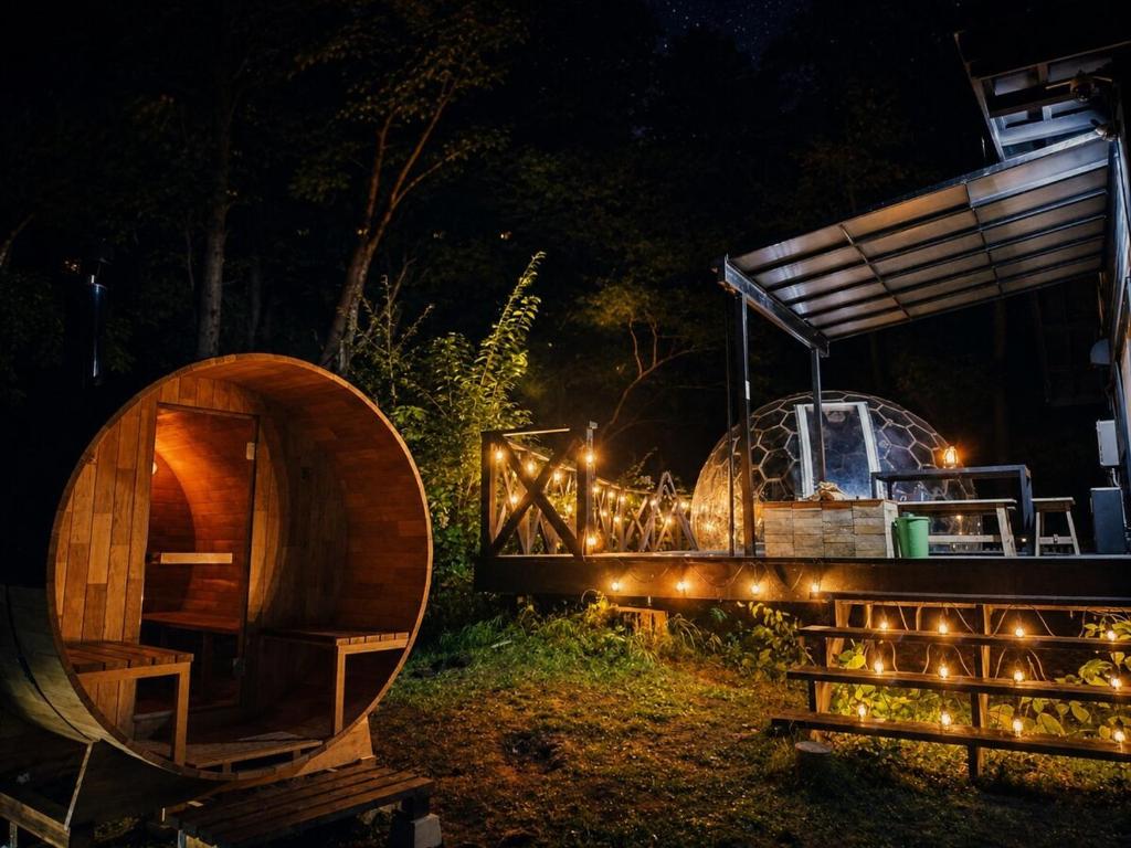 a igloo and a dome in a field at night at イーリス軽井沢 in Naganohara