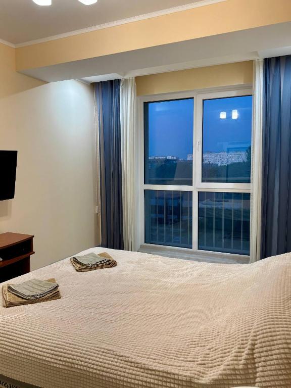 a bedroom with a large bed and a large window at Basarab Residence Urban Comfort Apartment in Râșcani in Chişinău