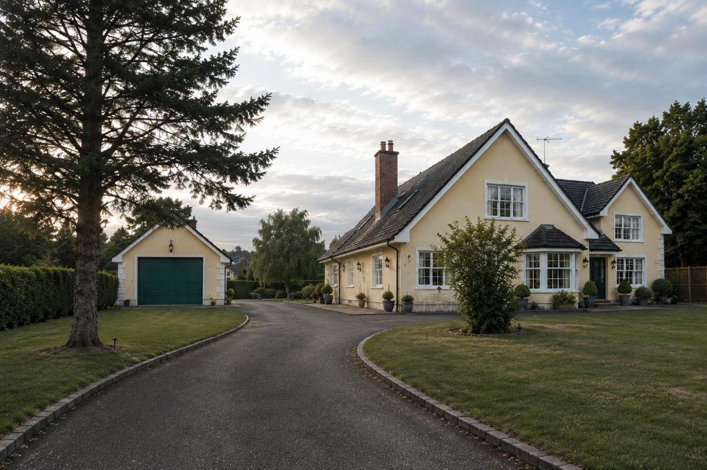 a white house with a green garage on a driveway at Relaxing Loft Getaway Heart of County Meath in Enfield