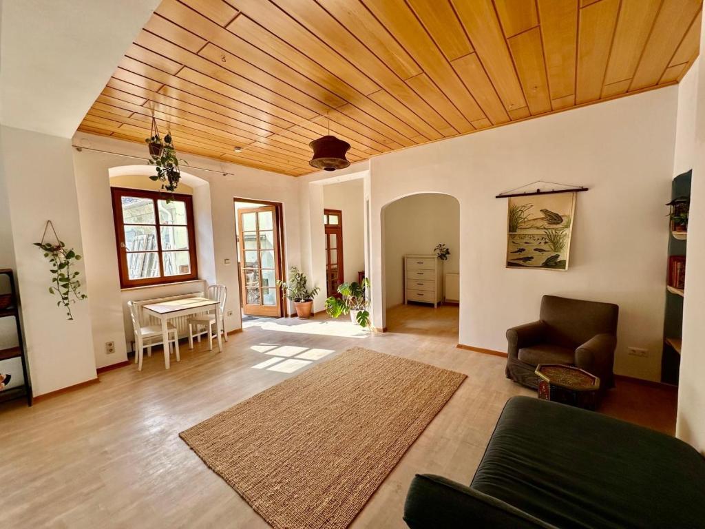 a living room with a wooden ceiling at Danube Atelier - The Garden in Rossatz