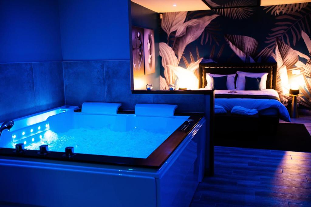 a hotel room with a tub and a bed at GITE L'ECRIN Pays de Caux in Bosc Renoult