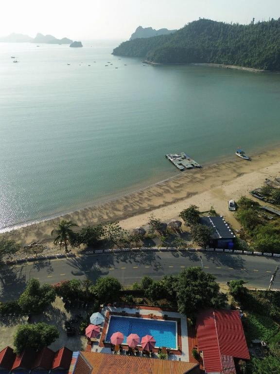 an aerial view of a beach with a resort at Cat Ba SOL Beach in Cat Ba