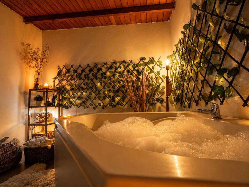 a bathtub filled with foam in a room with lights at Reina Mar Jacuzzi Exclusivo in Barra de Portezuelo