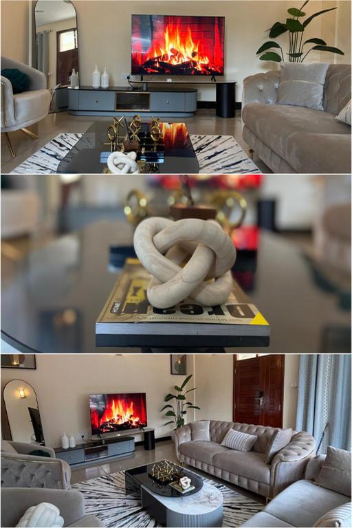 two pictures of a living room with a fireplace at QD Apartment Simba Unit in Arusha