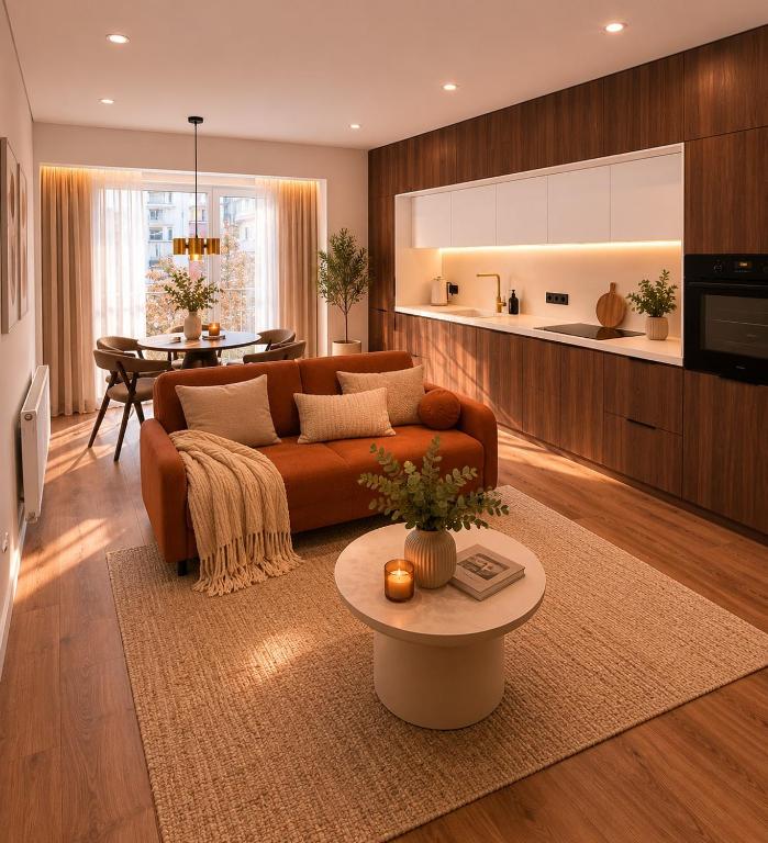 a living room with a couch and a table at Luxury apartment in Vilnius
