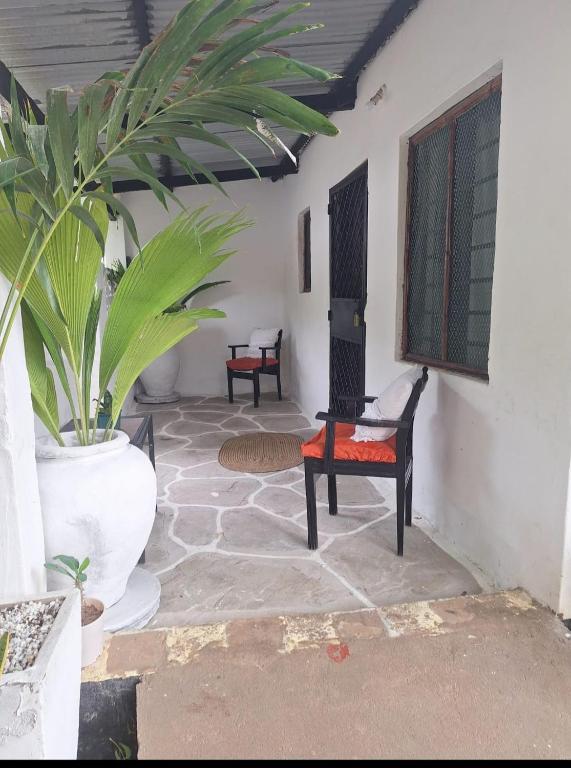 a patio with a chair and a plant at The Nook,Kilifi in Kilifi