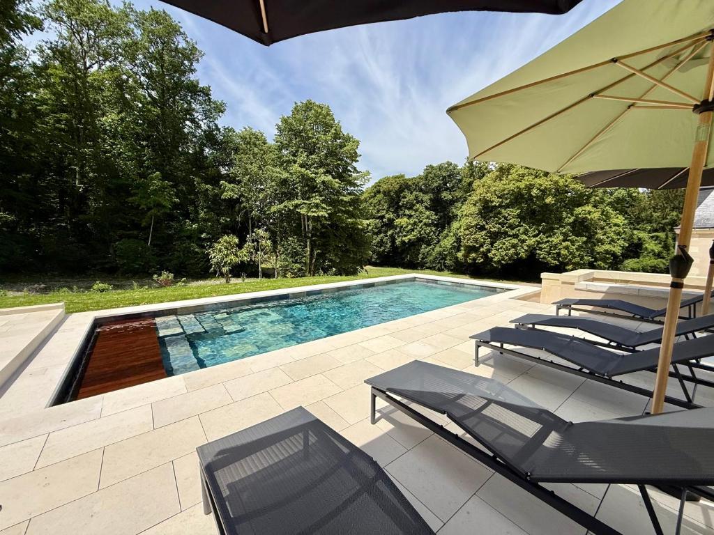 a swimming pool with lounge chairs and an umbrella at Gîte du Château des Brétignolles - Patrimoine, Piscine & Nature - Près de Chinon in Anché