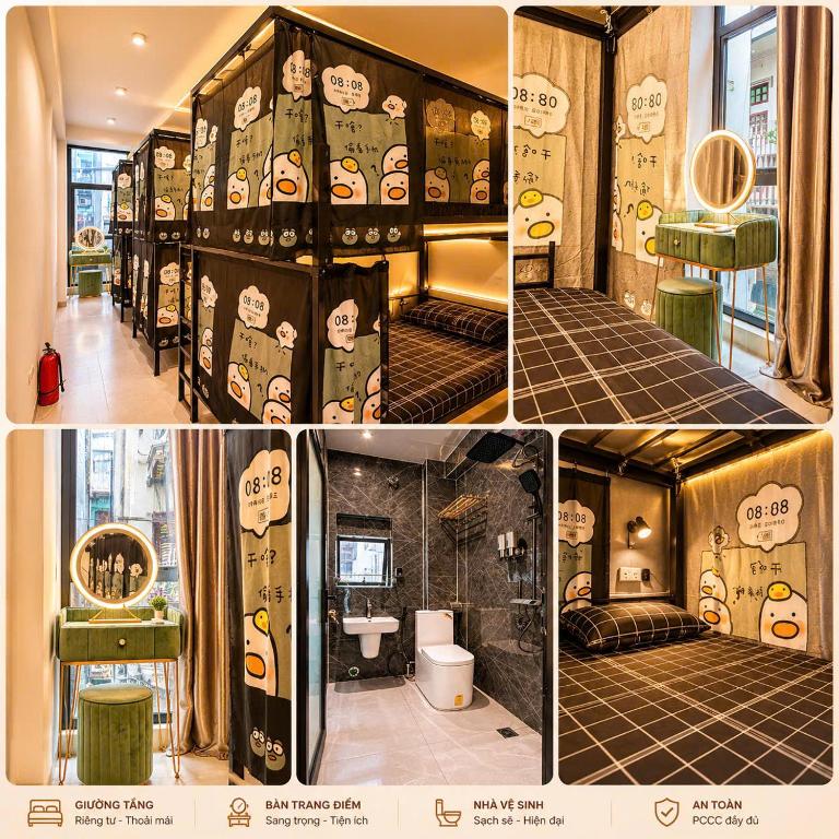 a collage of four pictures of a bathroom with a room at Hanoi Backpacker Home in Hanoi