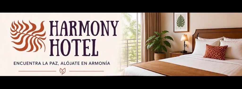 a hotel room with a bed with a sign that reads harmony hotel at HotelHarmonyHN in Peña Blanca