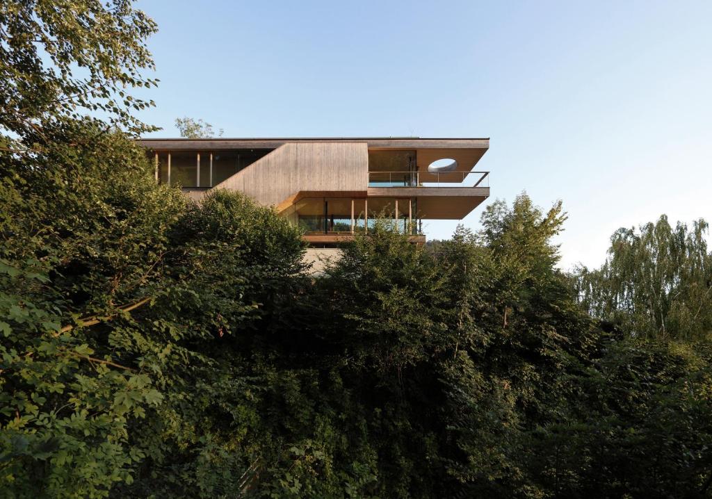 a house on a hill with trees in the foreground at Haus am Felsen, Ferien in Vorarlberger Architektur in Bregenz