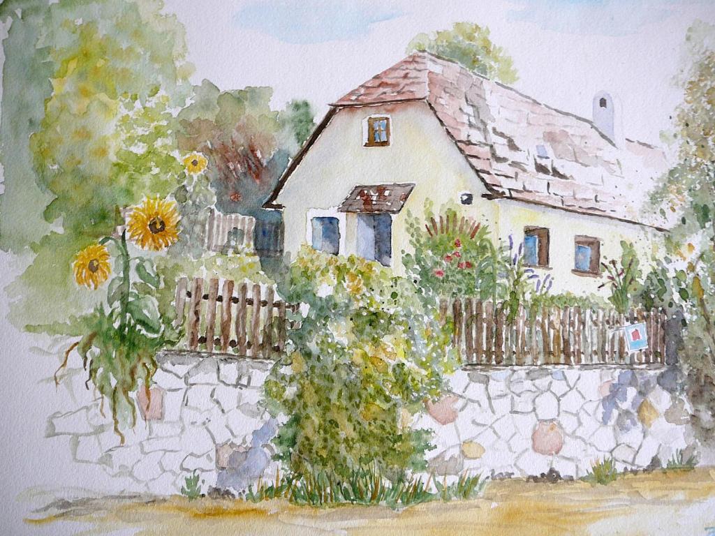 a painting of a house with a fence and sunflowers at Ferienhaus Goldegg 1 in Artstetten