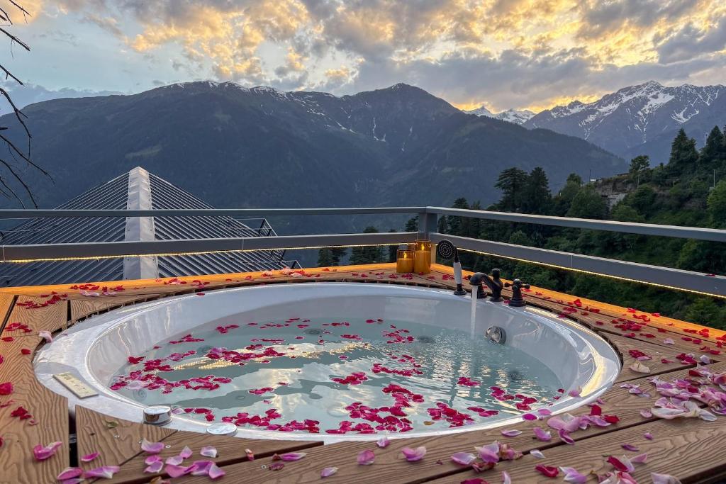 a large pool of water on a balcony with mountains at Hamta 270 Cliff Resort - 270 Degree Mountain View Suites, Sethan Manali in Manāli