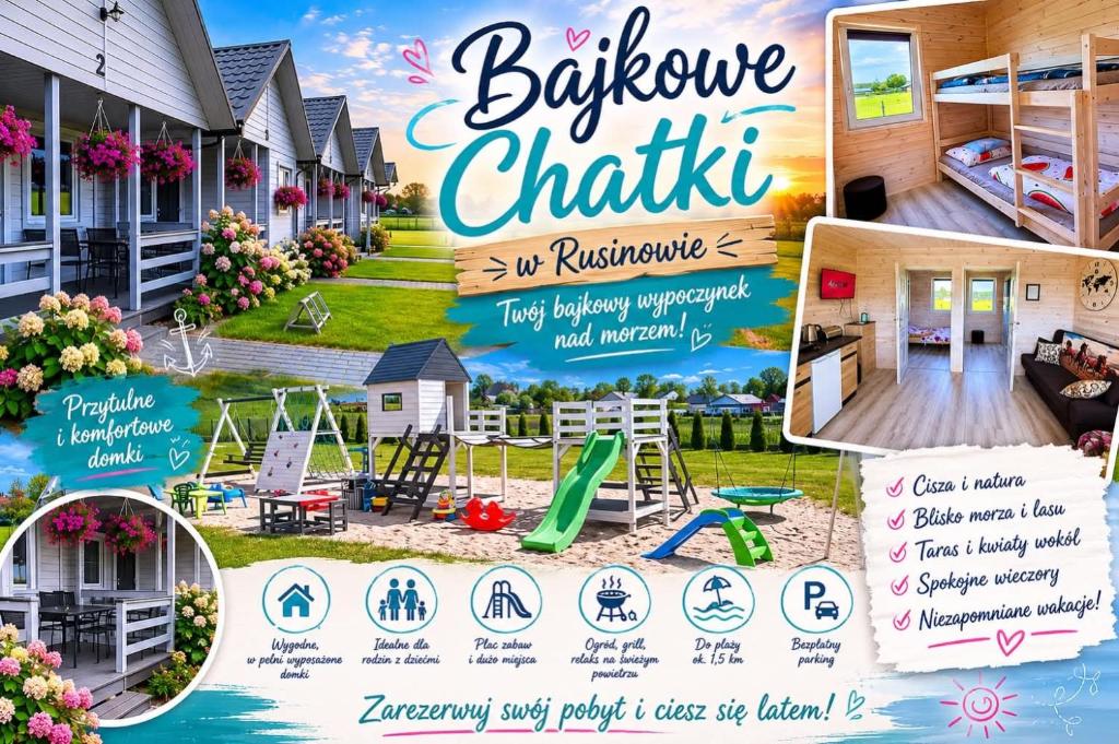 a collage of photos of a house at Bajkowe Chatki in Rusinowo