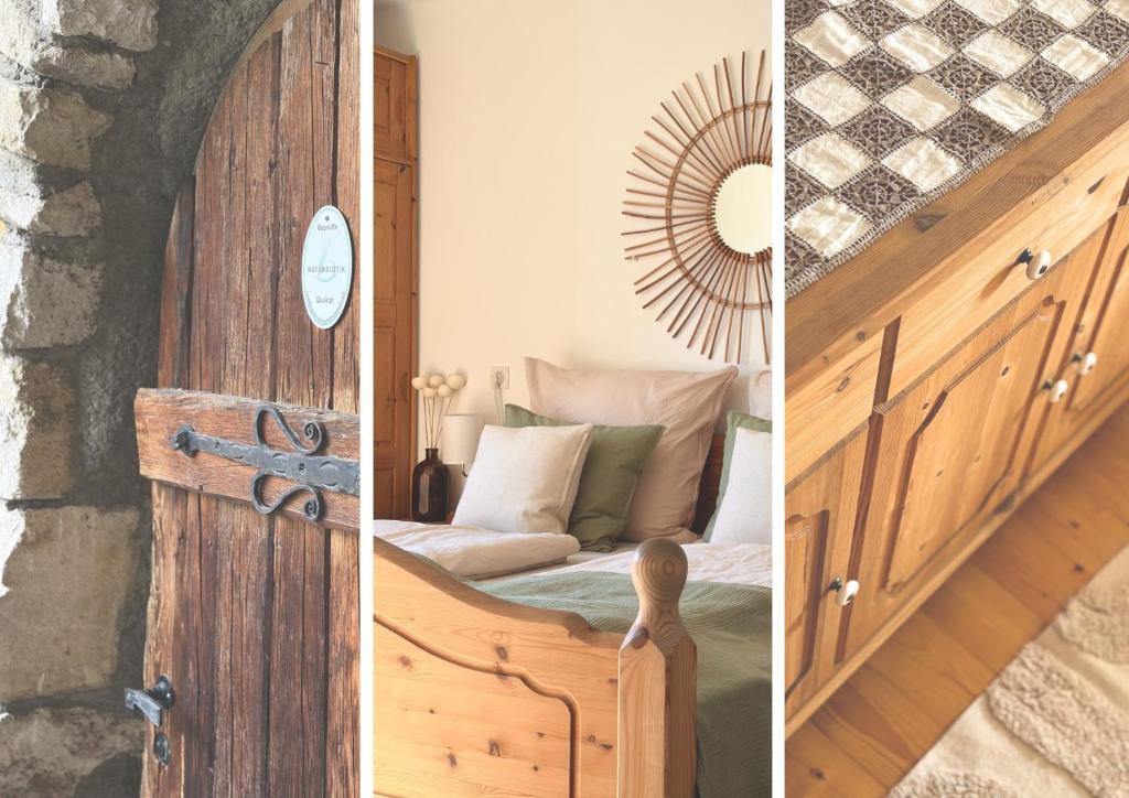 a room with a bed and a wooden door at Stefflhof in Gabersdorf