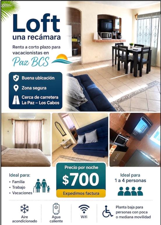 a flyer for a house with a blue couch in a living room at Private apartment La Paz baja in La Paz