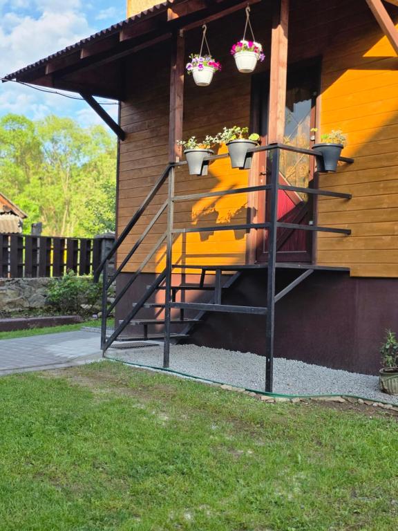 a set of stairs with potted plants on a house at HIT- house in Slavske