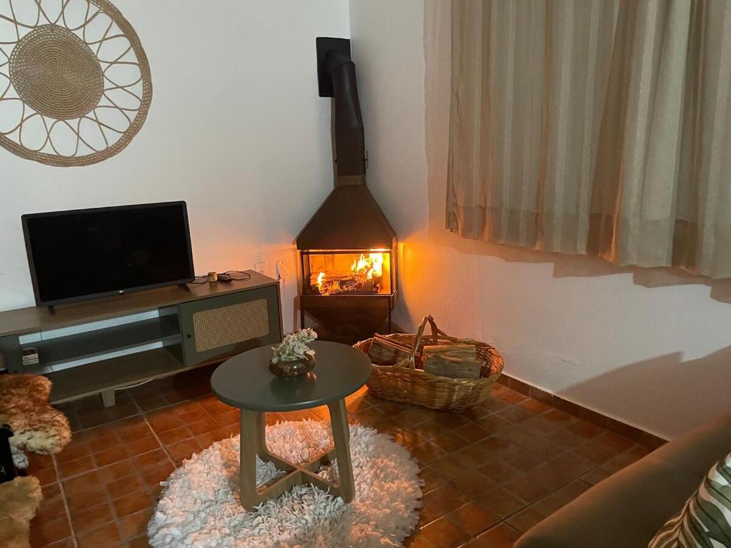 a living room with a table and a fireplace at Espaço da Mariah in Arroio do Meio