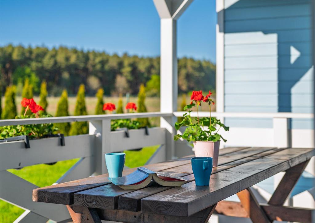 a wooden table with two blue cups and a plant at Domki PoZdrowie in Rusinowo