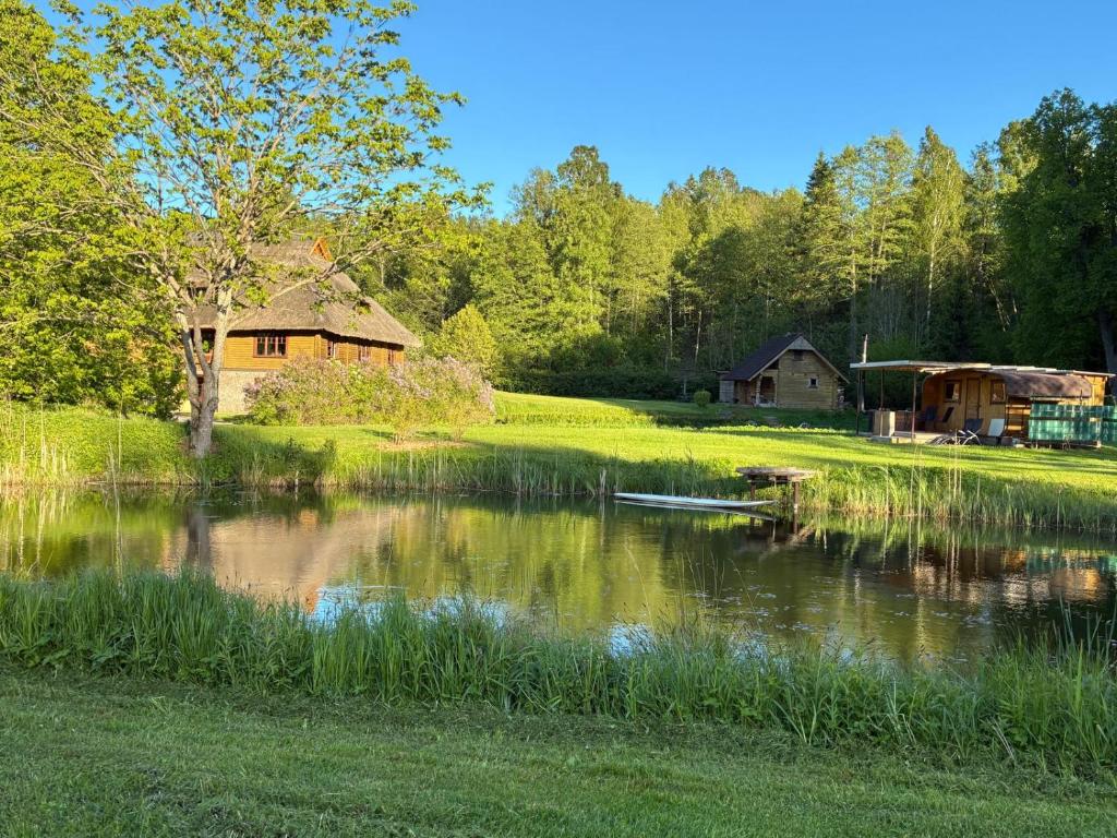 a pond with a house in the background and a house at Mežupes in Tūja