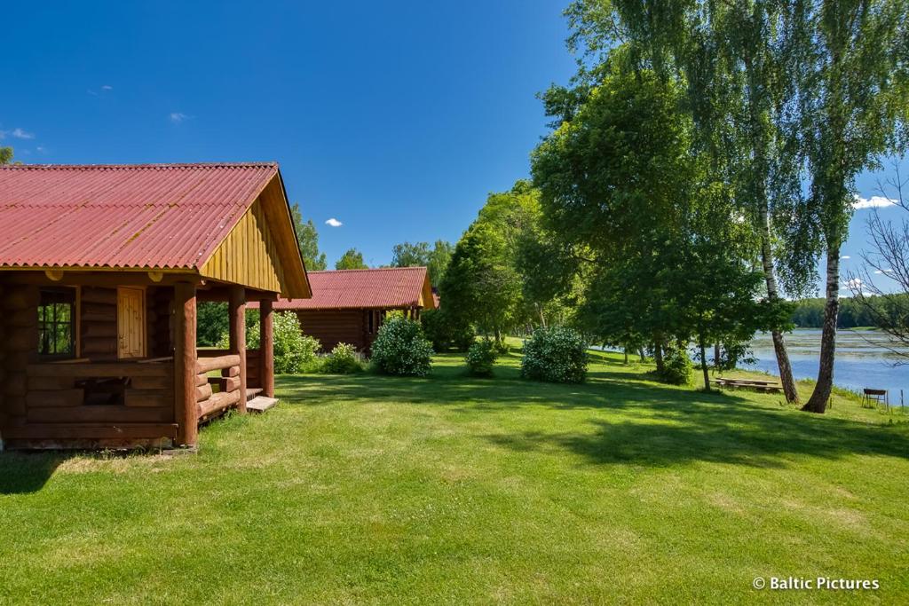 a cabin with a red roof on a grass field at Kempings Paegļi in Kaijciems