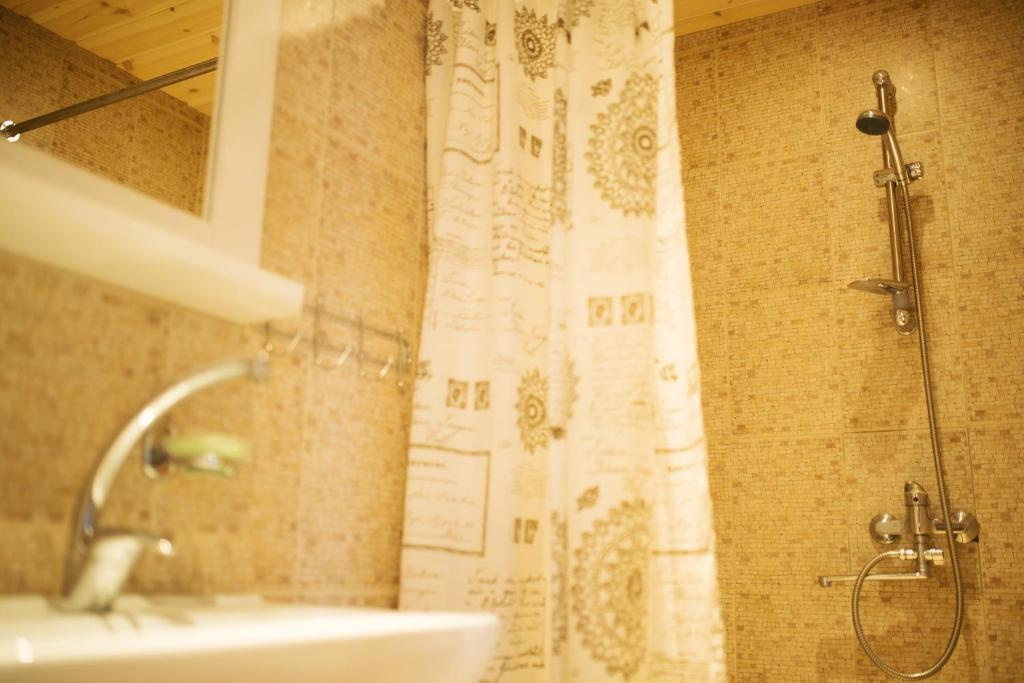 uma casa de banho com uma cortina de chuveiro e um lavatório em Aitvaras em Anykščiai